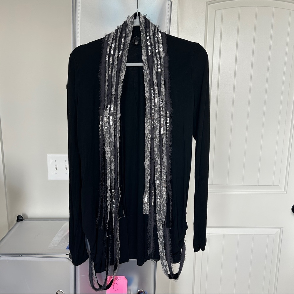 BKE Boutique Black Silver Lace Sequin Witchy Boho Cardigan Size Medium - Picture 3 of 11